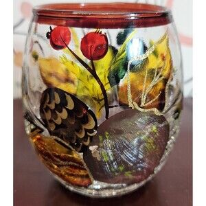 Beautiful Crackle Glass Votive Tealight Candle Holder Fall Autumn Theme 4"